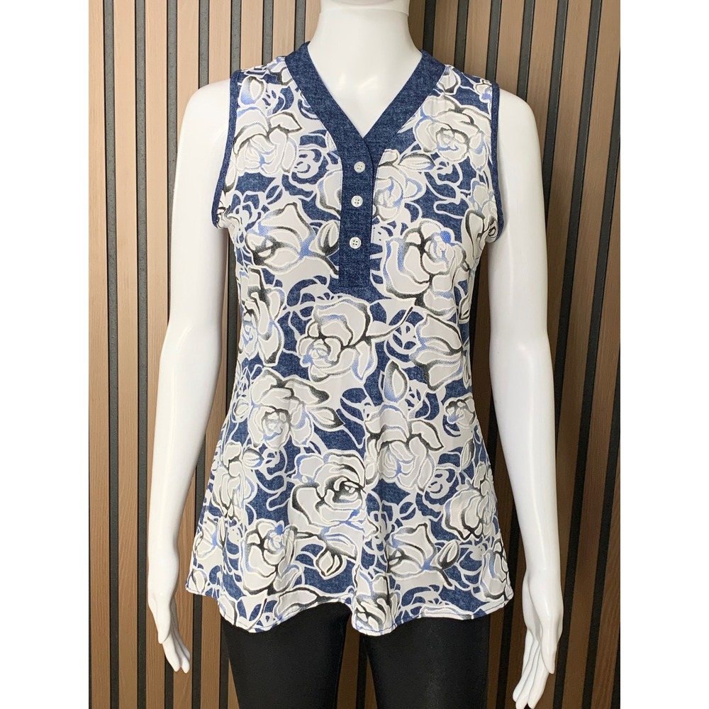 Joseph Ribkoff Blue White Floral Rose Sleeveless Tunic Top V-Neck Size 4 Artsy